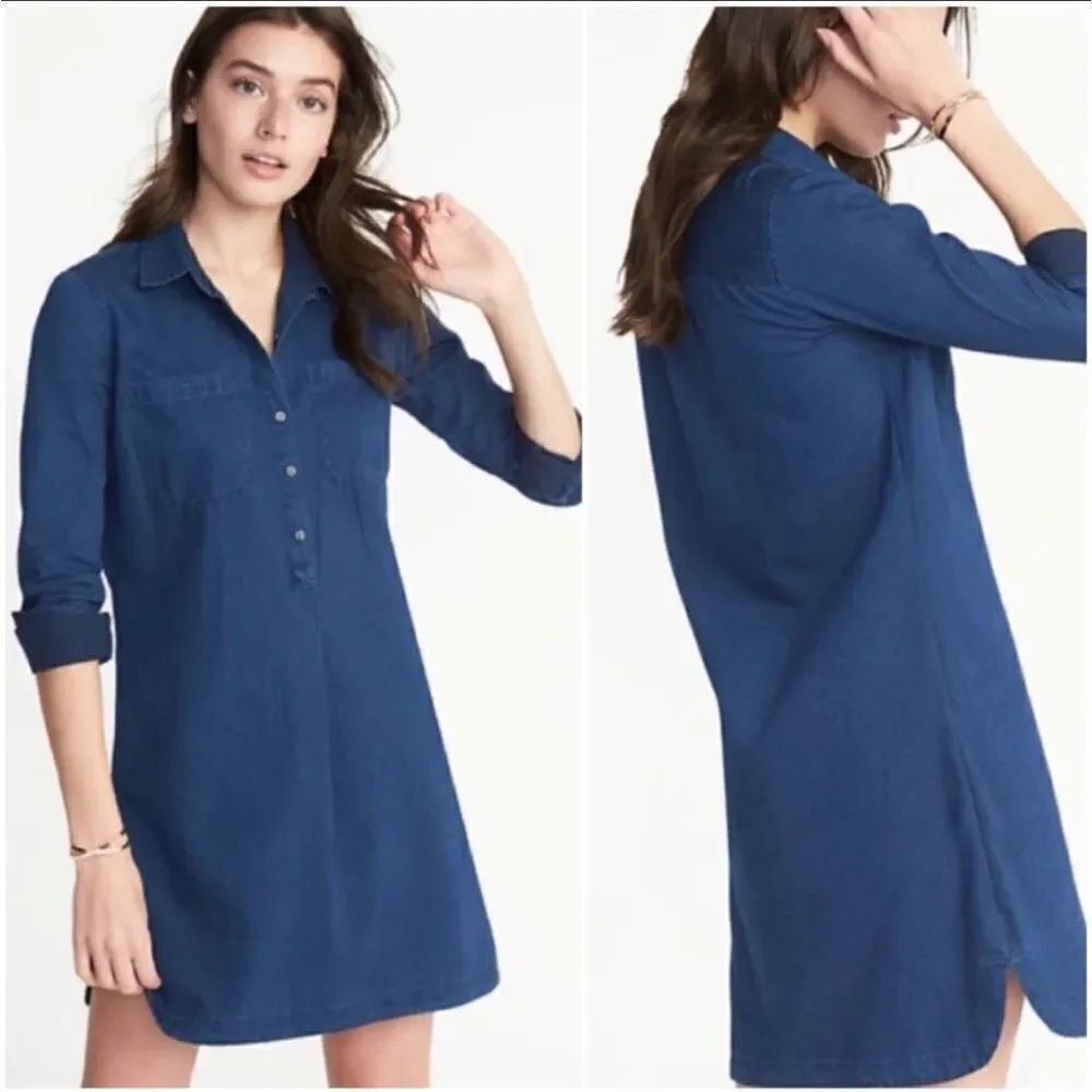 Old Navy Dark Navy Wash Chambray Long Sleeve Shirt Dress 100% Cotton Size XS